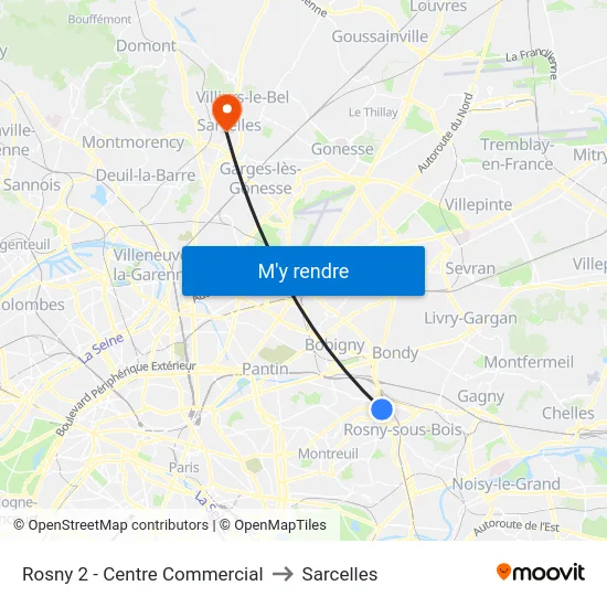 Rosny 2 - Centre Commercial to Sarcelles map