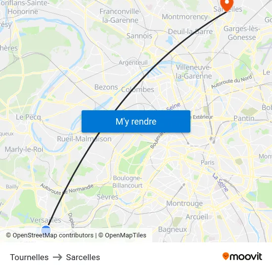 Tournelles to Sarcelles map
