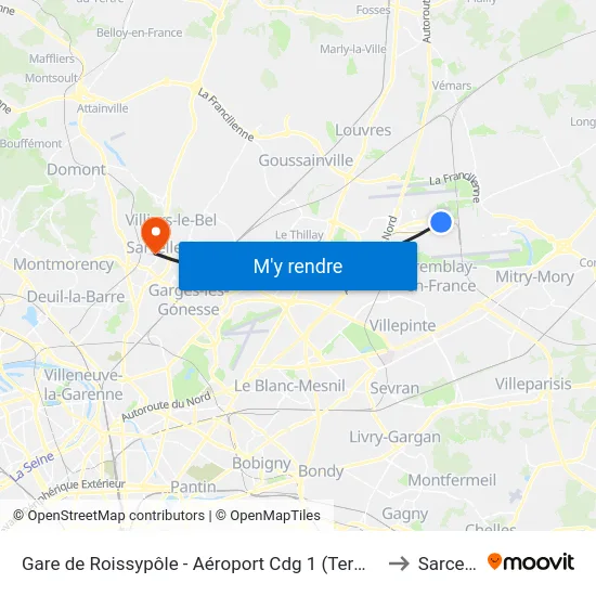 Gare de Roissypôle - Aéroport Cdg 1 (Terminal 3) (D4) to Sarcelles map