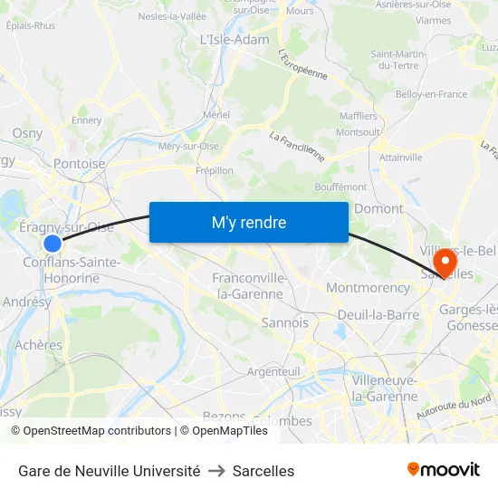 Gare de Neuville Université to Sarcelles map
