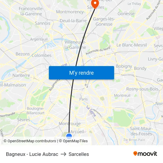 Bagneux - Lucie Aubrac to Sarcelles map
