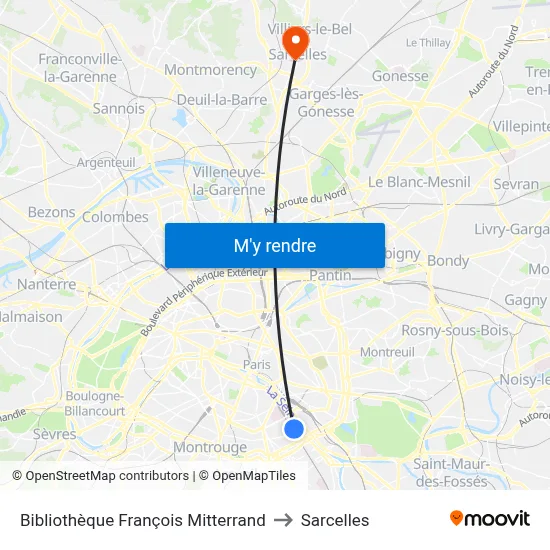 Bibliothèque François Mitterrand to Sarcelles map