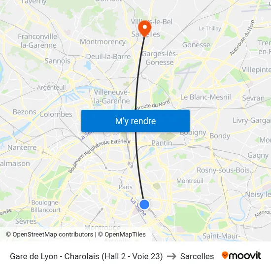 Gare de Lyon - Charolais (Hall 2 - Voie 23) to Sarcelles map