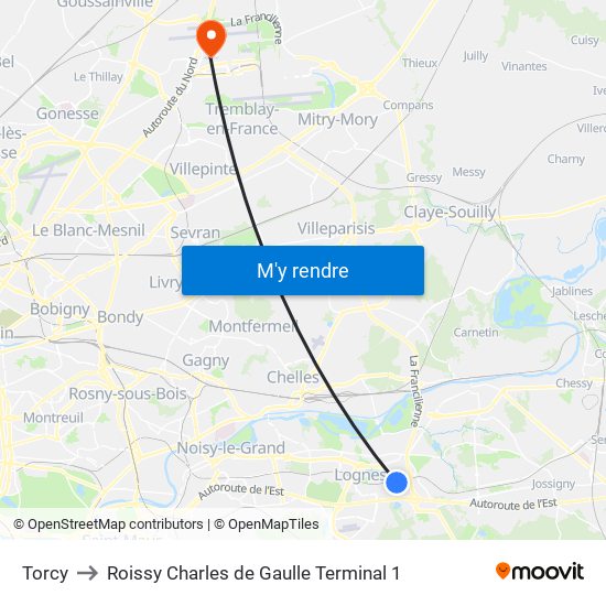 Torcy to Roissy Charles de Gaulle Terminal 1 map