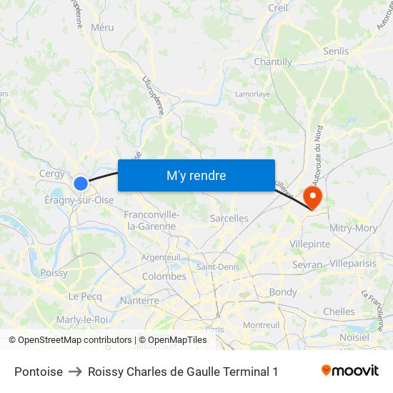 Pontoise to Roissy Charles de Gaulle Terminal 1 map