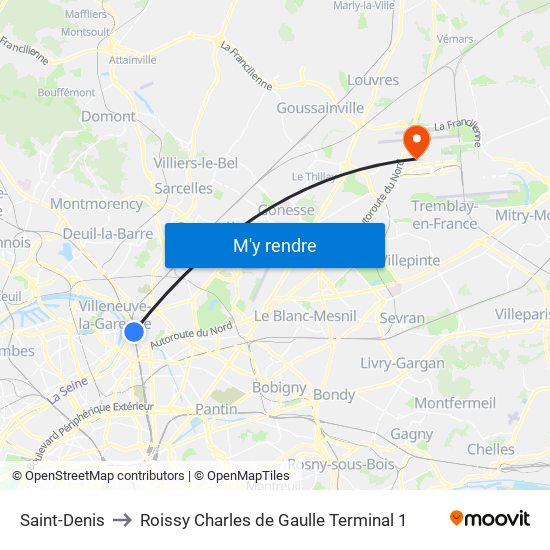 Saint-Denis to Roissy Charles de Gaulle Terminal 1 map
