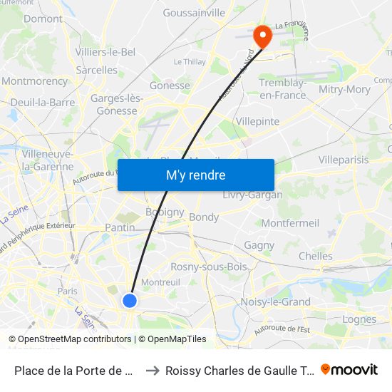 Place de la Porte de Montreuil to Roissy Charles de Gaulle Terminal 1 map