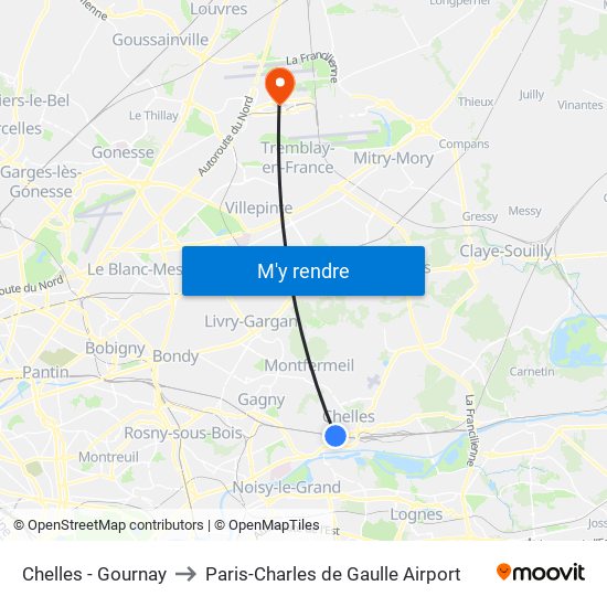 Chelles - Gournay to Paris-Charles de Gaulle Airport map
