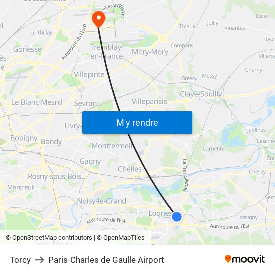 Torcy to Paris-Charles de Gaulle Airport map