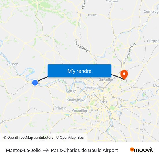 Mantes-La-Jolie to Paris-Charles de Gaulle Airport map