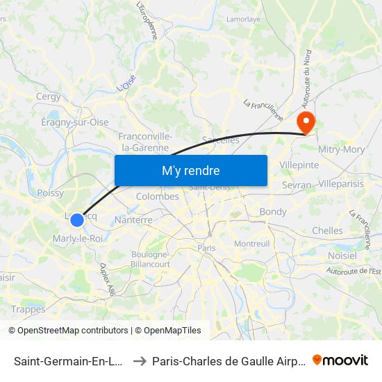 Saint-Germain-En-Laye to Paris-Charles de Gaulle Airport map