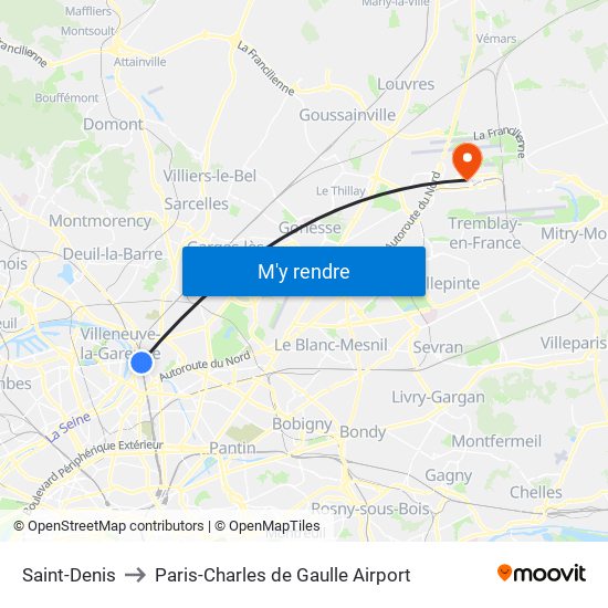 Saint-Denis to Paris-Charles de Gaulle Airport map