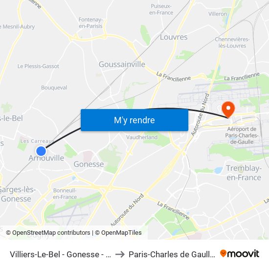 Villiers-Le-Bel - Gonesse - Arnouville to Paris-Charles de Gaulle Airport map