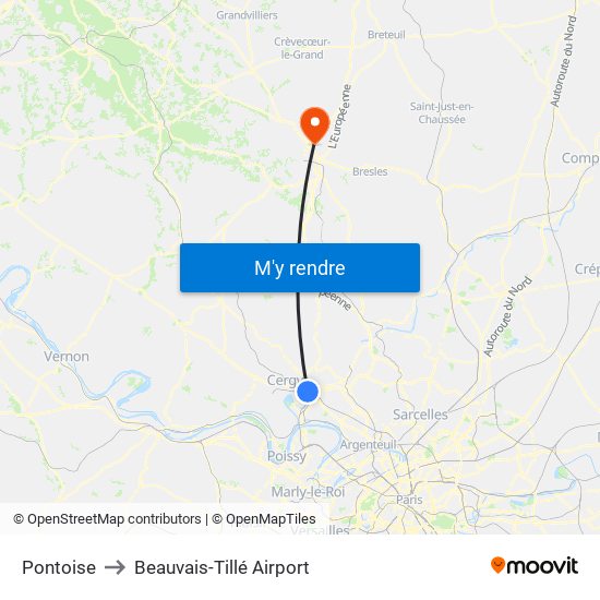 Pontoise to Beauvais-Tillé Airport map