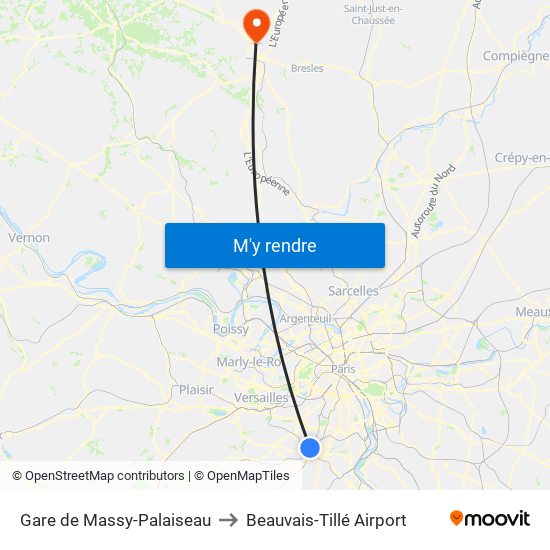 Gare de Massy-Palaiseau to Beauvais-Tillé Airport map