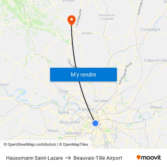 Haussmann Saint-Lazare to Beauvais-Tillé Airport map