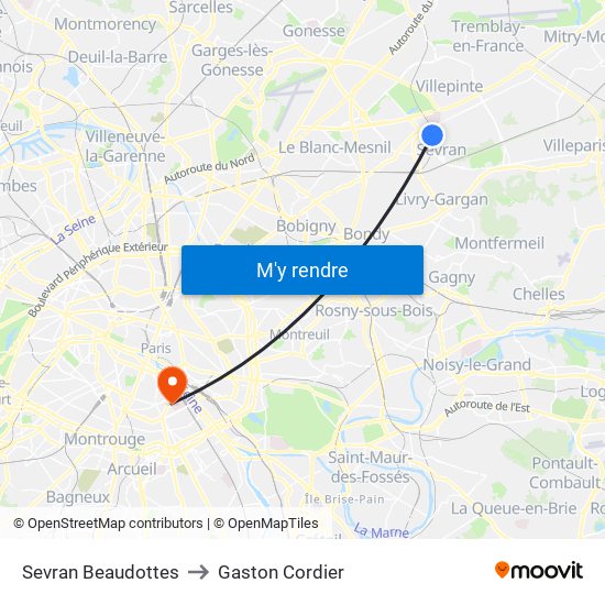 Sevran Beaudottes to Gaston Cordier map