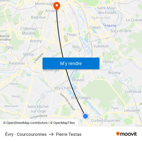Évry - Courcouronnes to Pierre Testas map