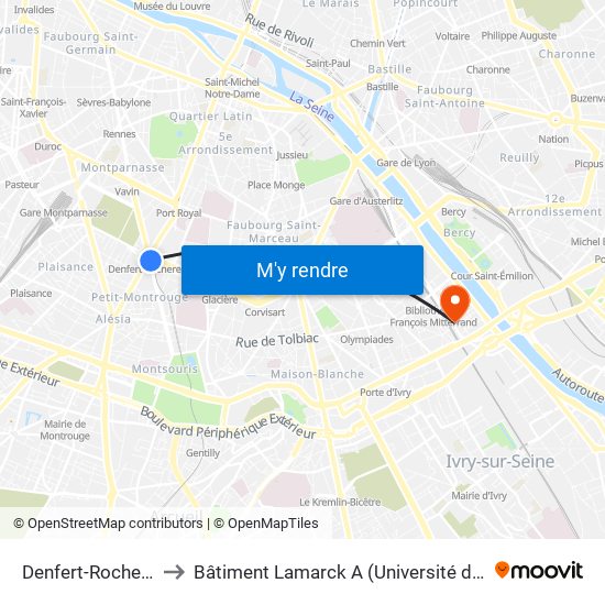 Denfert-Rochereau to Bâtiment Lamarck A (Université de Paris) map