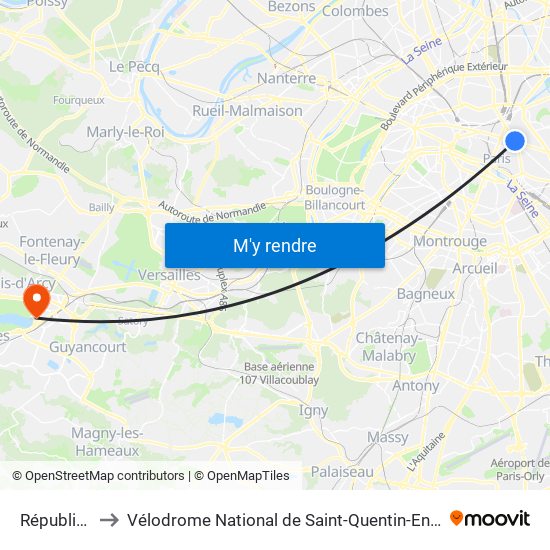 République to Vélodrome National de Saint-Quentin-En-Yvelines map