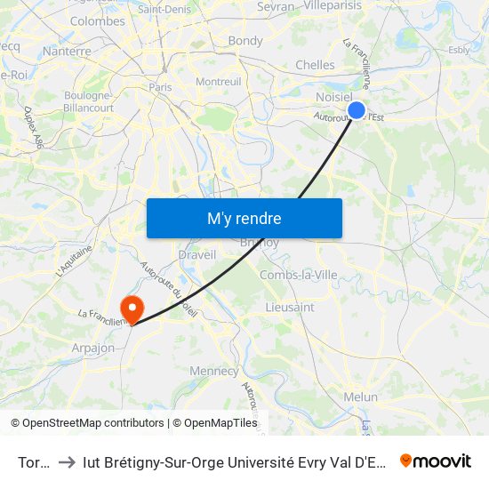 Torcy to Iut Brétigny-Sur-Orge Université Evry Val D'Essonne map