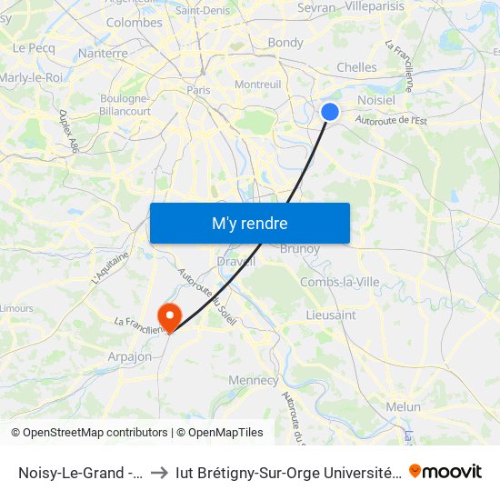 Noisy-Le-Grand - Mont D'Est to Iut Brétigny-Sur-Orge Université Evry Val D'Essonne map