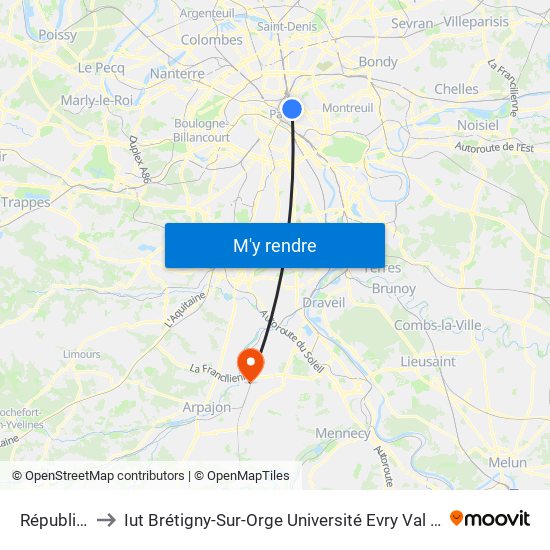 République to Iut Brétigny-Sur-Orge Université Evry Val D'Essonne map