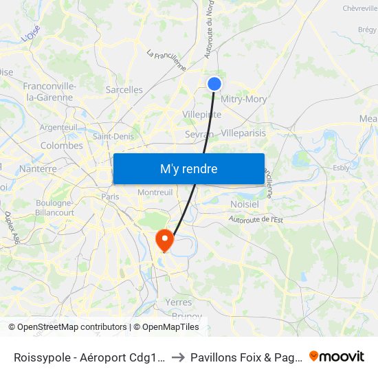 Roissypole - Aéroport Cdg1 (E2) to Pavillons Foix & Pagniez map