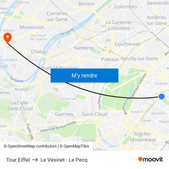 Eiffel Tower to Le Vésinet - Le Pecq map