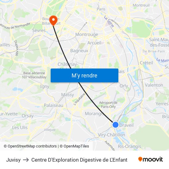 Juvisy to Centre D'Exploration Digestive de L'Enfant map