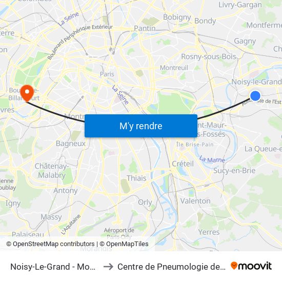 Noisy-Le-Grand - Mont D'Est to Centre de Pneumologie de L'Enfant map