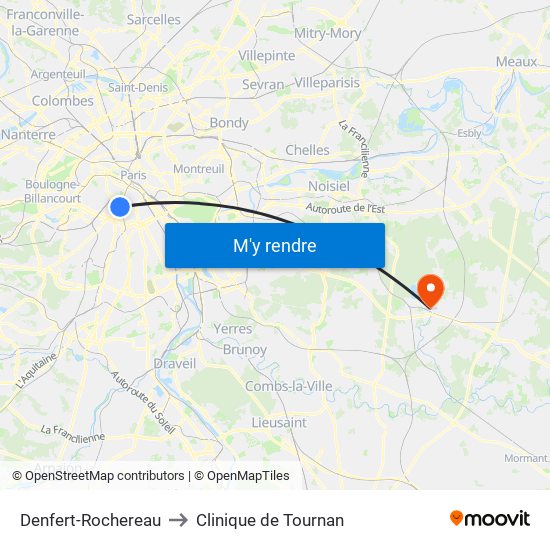 Denfert-Rochereau to Clinique de Tournan map