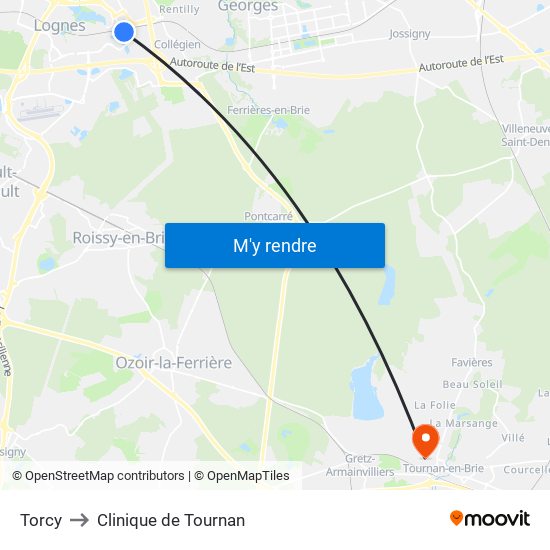 Torcy to Clinique de Tournan map