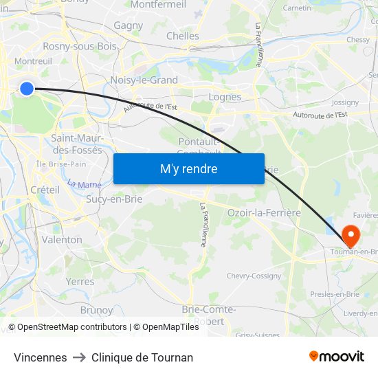 Vincennes to Clinique de Tournan map