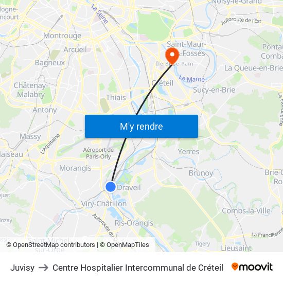 Juvisy to Centre Hospitalier Intercommunal de Créteil map