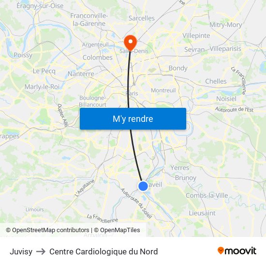 Juvisy to Centre Cardiologique du Nord map