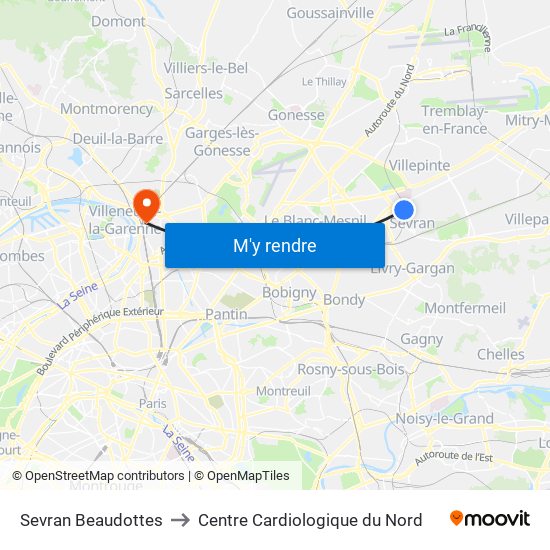 Sevran Beaudottes to Centre Cardiologique du Nord map