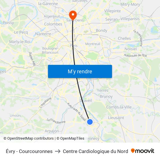 Évry - Courcouronnes to Centre Cardiologique du Nord map