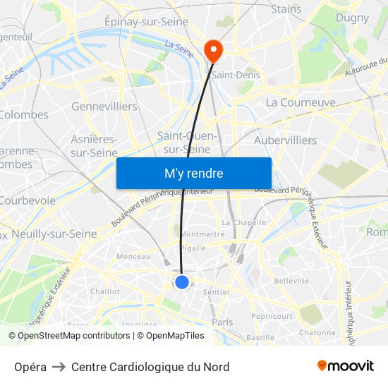 Opéra to Centre Cardiologique du Nord map