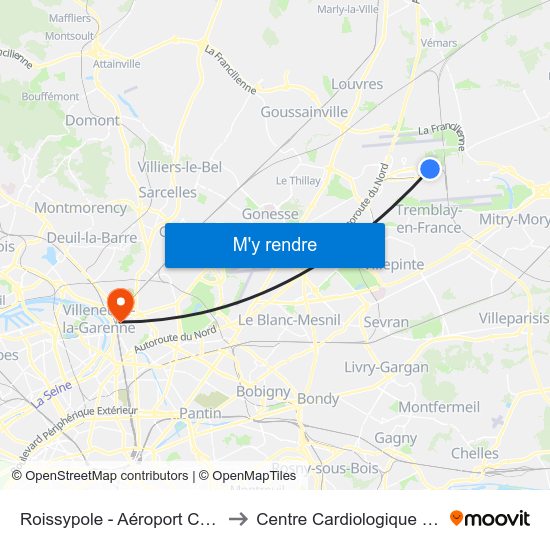 Roissypole - Aéroport Cdg1 (E2) to Centre Cardiologique du Nord map