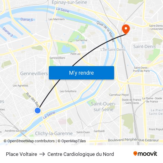 Place Voltaire to Centre Cardiologique du Nord map