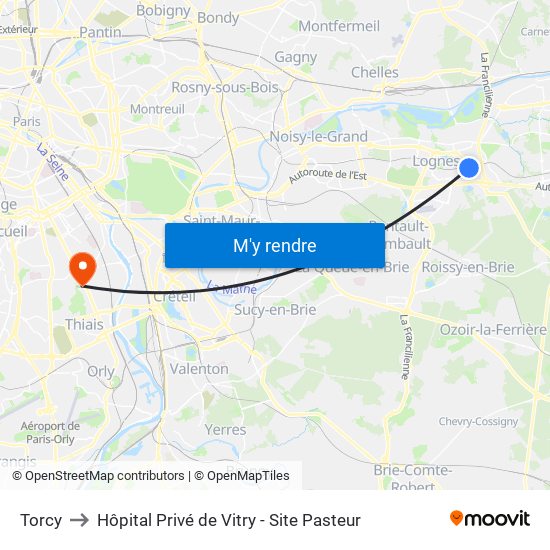 Torcy to Hôpital Privé de Vitry - Site Pasteur map