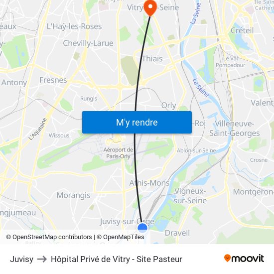 Juvisy to Hôpital Privé de Vitry - Site Pasteur map