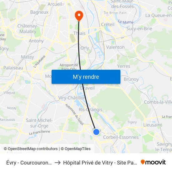 Évry - Courcouronnes to Hôpital Privé de Vitry - Site Pasteur map