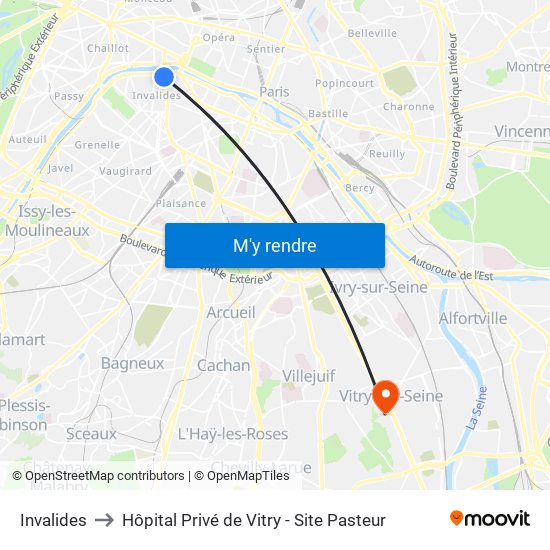 Invalides to Hôpital Privé de Vitry - Site Pasteur map