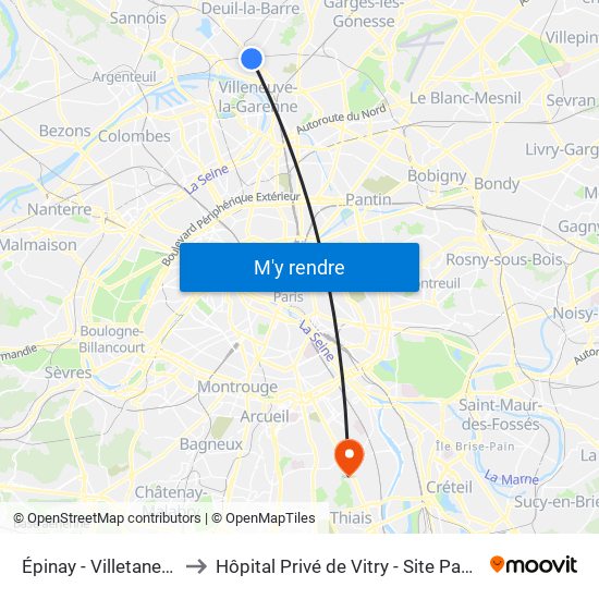 Épinay - Villetaneuse to Hôpital Privé de Vitry - Site Pasteur map