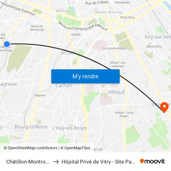 Châtillon-Montrouge to Hôpital Privé de Vitry - Site Pasteur map