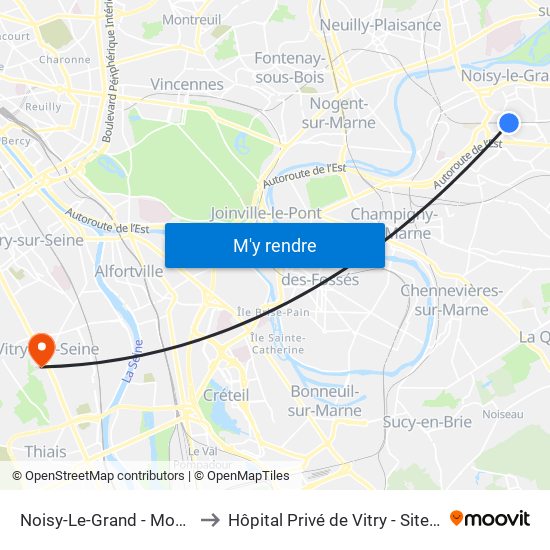 Noisy-Le-Grand - Mont D'Est to Hôpital Privé de Vitry - Site Pasteur map