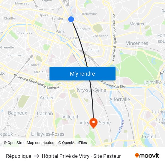 République to Hôpital Privé de Vitry - Site Pasteur map