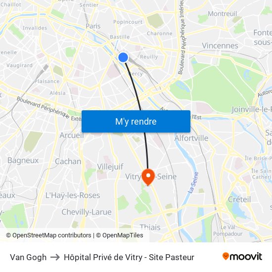 Gare de Lyon - Van Gogh to Hôpital Privé de Vitry - Site Pasteur map